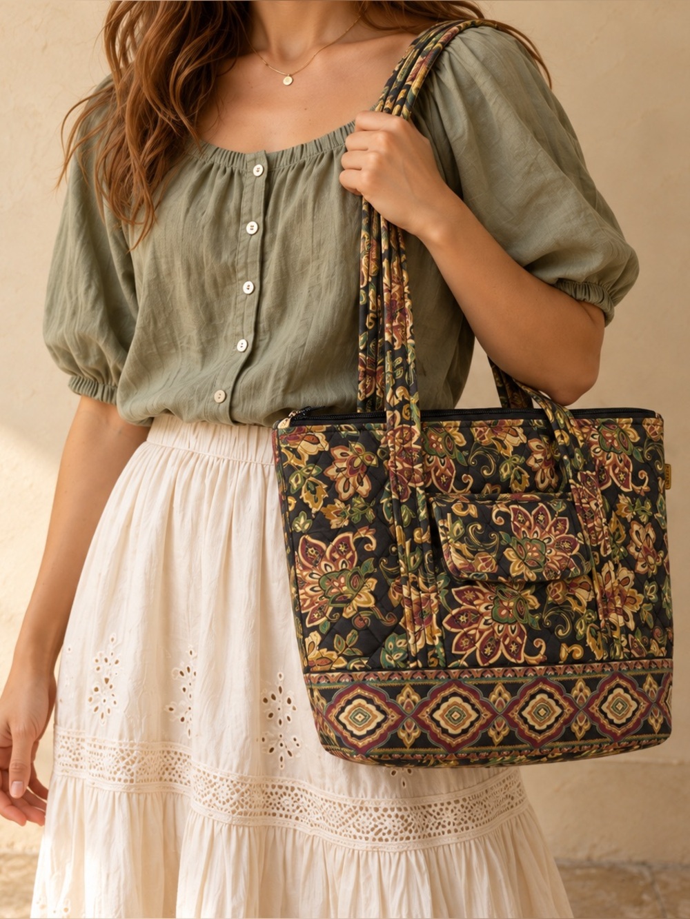 MaggiB Quilted Floral Paisley Cotton Shoulder Bag Tote Black Autumn Boho